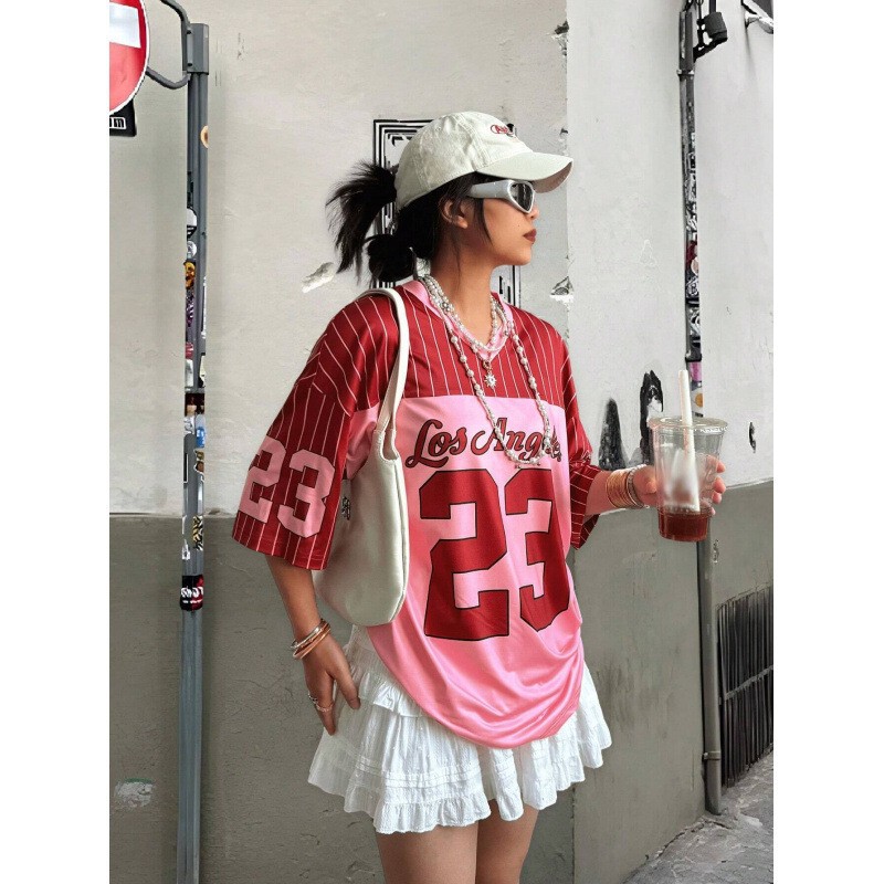 American High Street Casual Sports Baseball Collar Color-Block Short-Sleeve Long-Sleeve Shirt for Women, Summer Loose Printed Half-Sleeve Top