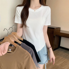 2025 夏の新スタイルフィッシュボーン柄スリム半袖 Tシャツ女性の夏のシンプルな無地インナー半袖インナートップ卸売