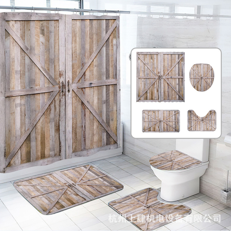 Cross-border barn wooden door shower curtain shower curtain shower curtain partition curtain bathroom curtain floor mat toilet mat four-piece set