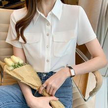 夏季日韩新款衬衫女长袖时尚雪纺衬衣气质优雅双袋上衣
