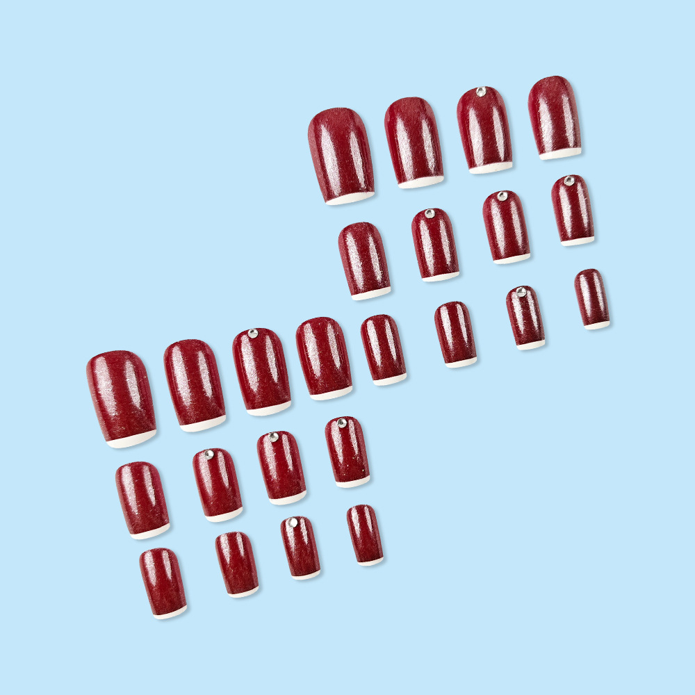 24 piezas de color de fondo rojo vino, uñas de moda, adornos de un solo diamante, uñas francesas, uñas de venta caliente transfronterizas