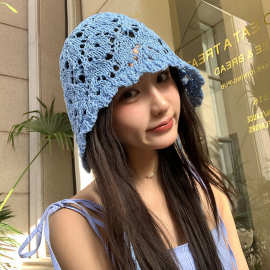 2025新款渔夫帽帽女夏季薄款镂空透气钩花纯色系带百搭包头帽子