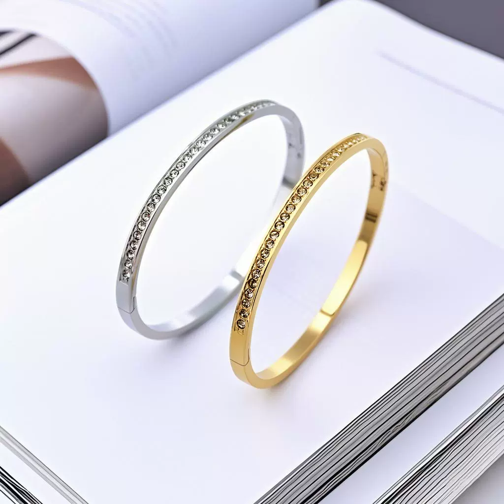 现货简约4毫米钛钢水钻弹性线形手镯 弹簧开口设计不锈钢线手环