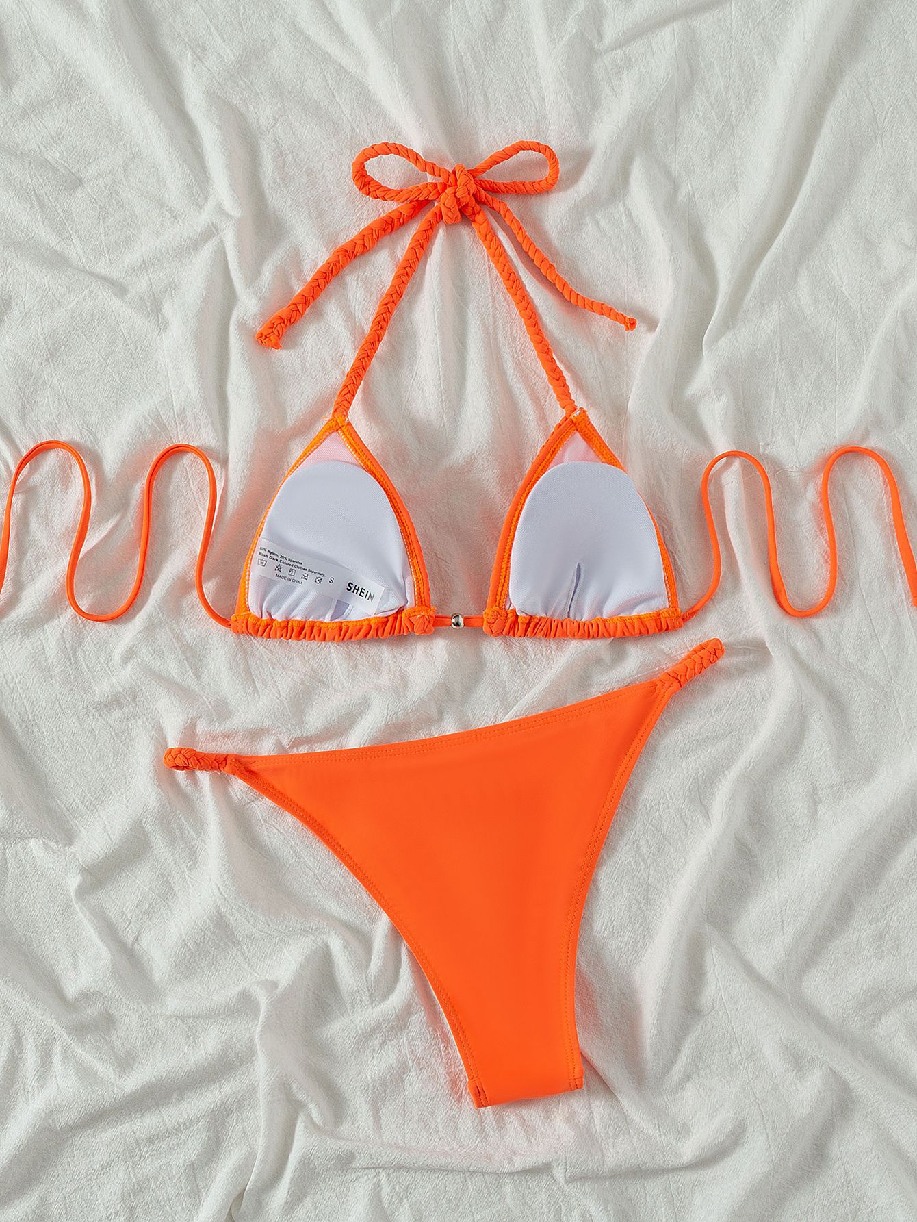 Conjunto de 2 piezas de bikini dividido con cuello colgante y cordones de color liso NSZO109259