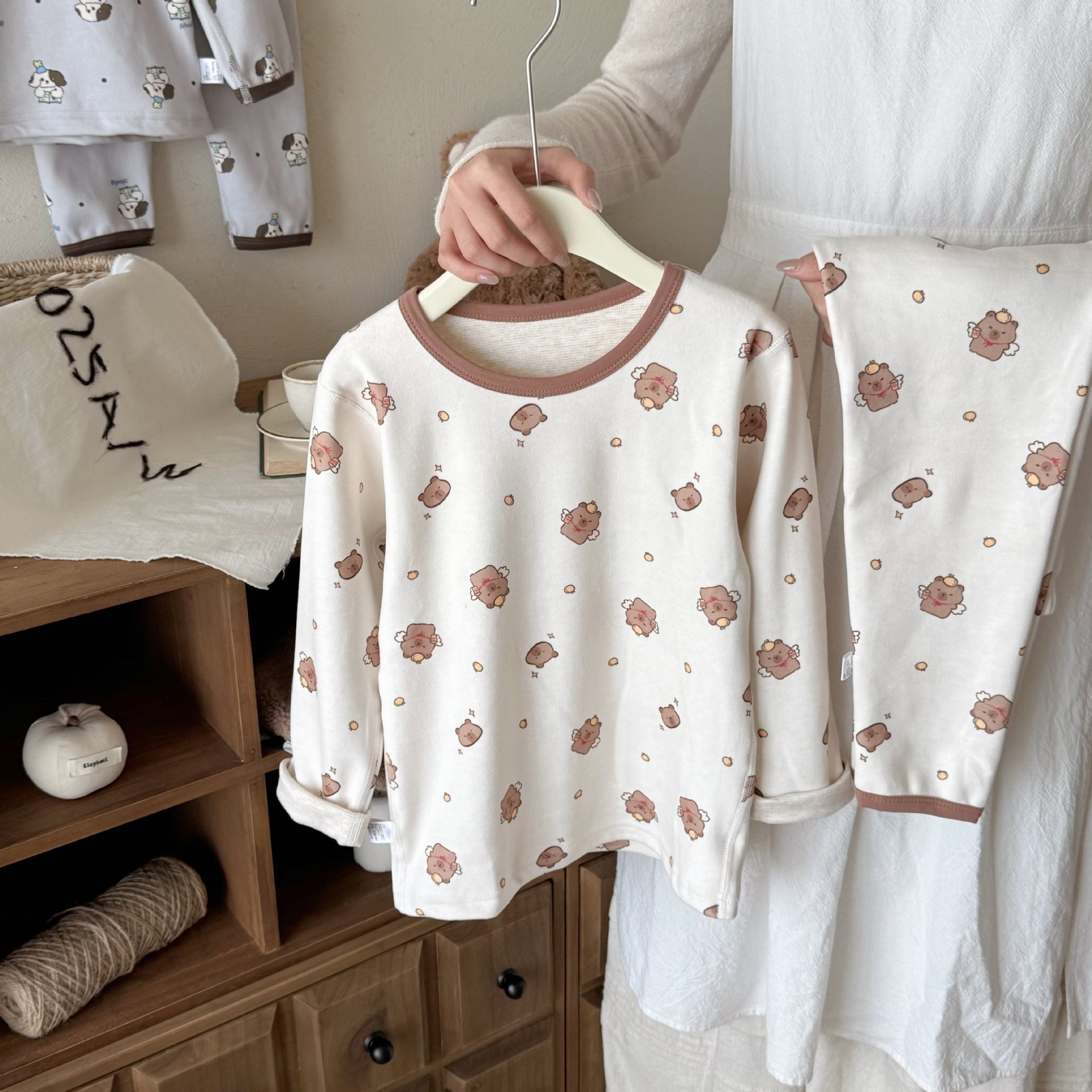 Niños otoño invierno calentamiento chaqueta de otoño para niños pantalones de otoño set niñas lindas ropa interior de base de dibujos animados pijamas de bebé