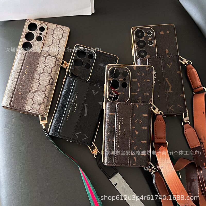 Designed Trendy Brand Protective Cover Suitable for Samsung, Apple, Huawei Card Phone Case, Lanyard, Diagonal High-End Leather Case