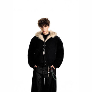 Autumn and winter new American-style mountain carving fur collar fleece-lined thickened cotton-padded jacket men's and women's winter overalls couple's coat