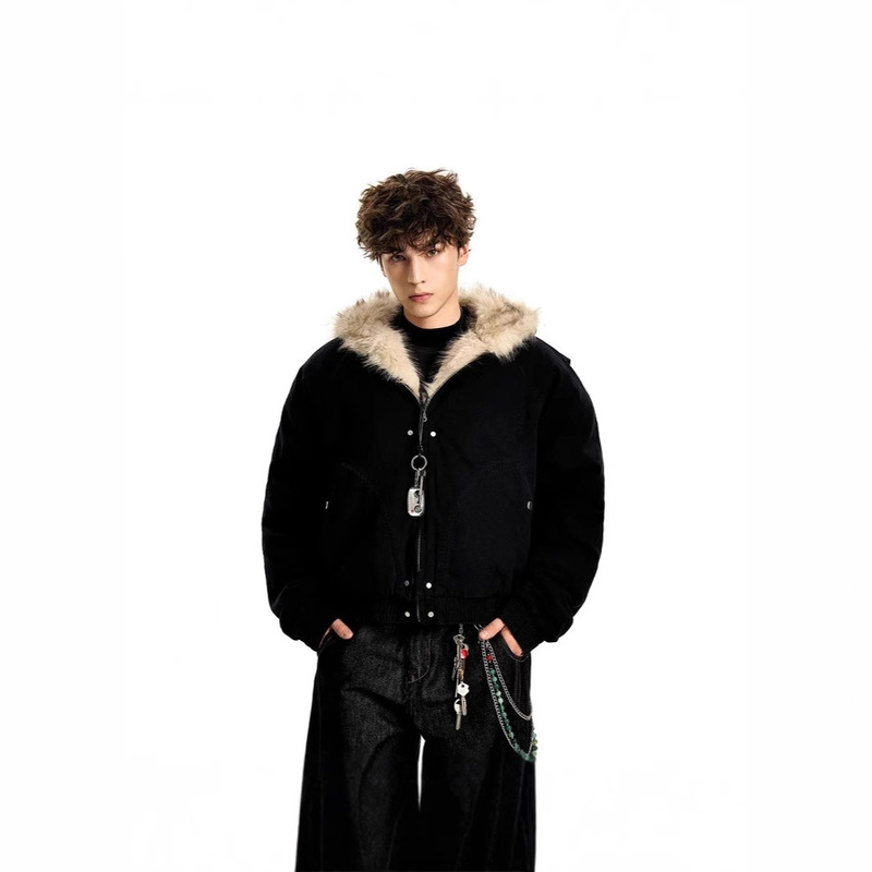 Autumn and winter new American-style mountain carving fur collar fleece-lined thickened cotton-padded jacket men's and women's winter overalls couple's coat Autumn and winter new American-style mountain carving fur collar fleece-lined thickened cotton-padded jacket men's and women's winter overalls couple's coat