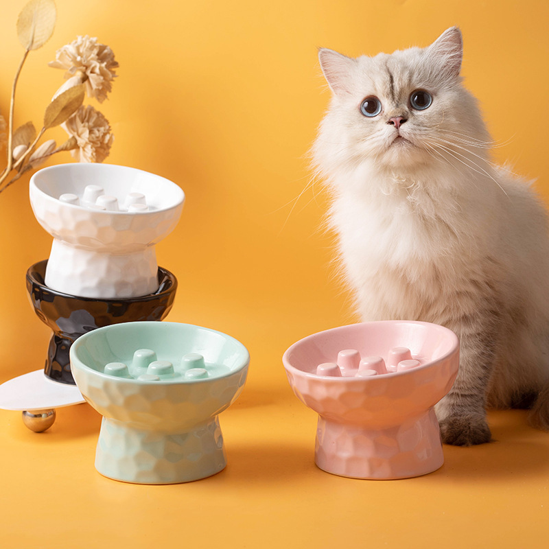 Cat Bowl Ceramic High Foot Slow Food Anti-choking Anti-knock Slant Mouth Neck Protection Pet Cat Dog Rice Bowl Cat Food Cat Food Basin