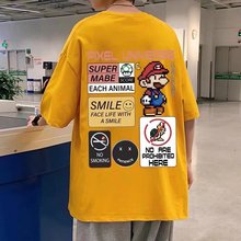 沙滩风短袖男潮牌百搭ins创意趣味卡通印花青少年半袖宽松五分袖