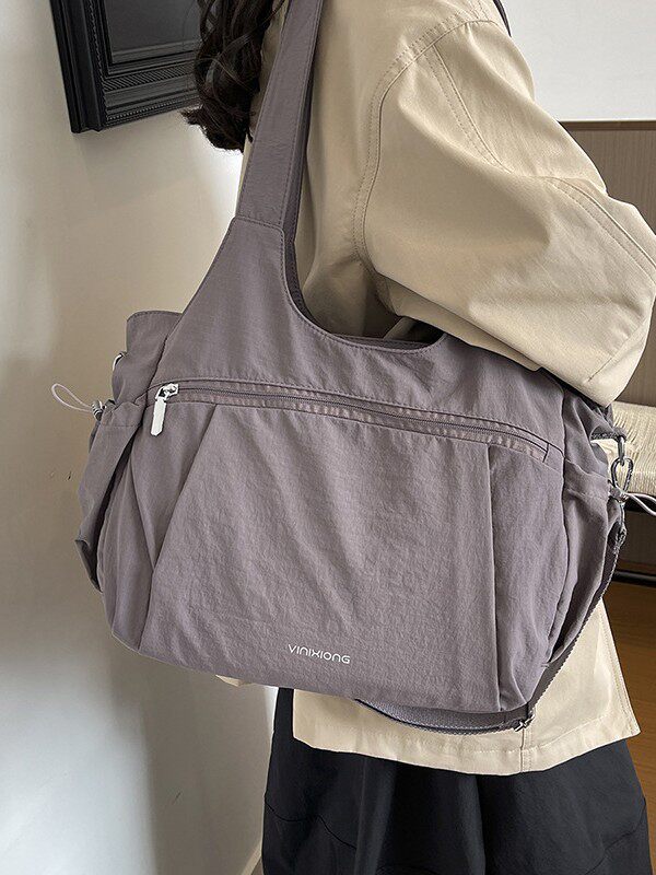 Túi tote nữ cỡ lớn chất liệu nylon nhẹ, túi đeo vai và đeo chéo tiện lợi — Khói tím, Quân đội xanh, màu be, màu nâu