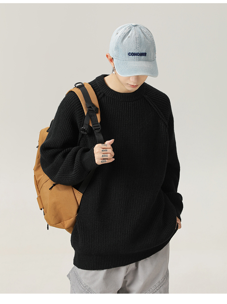 Monochrome 3d Shoulder Texture Men's Round Neck Knitted Sweater_voghion.com