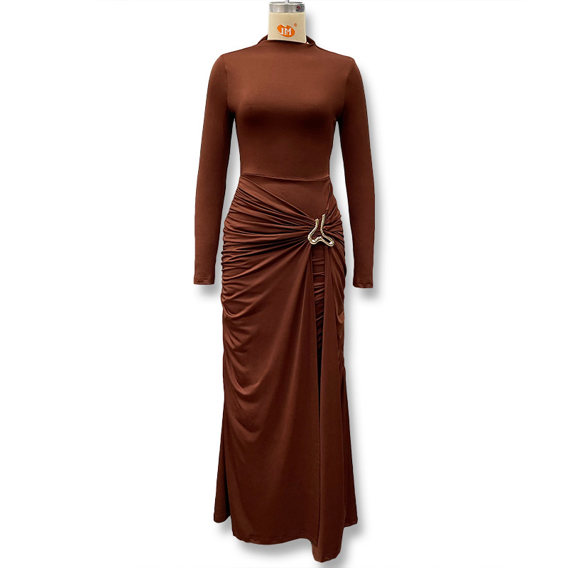 Women's Solid Color round Neck Dress Long Sleeve Fashionable Temperament European American Style Autumn New Clothing with Decorative Ring Buckle_ecoleips.com