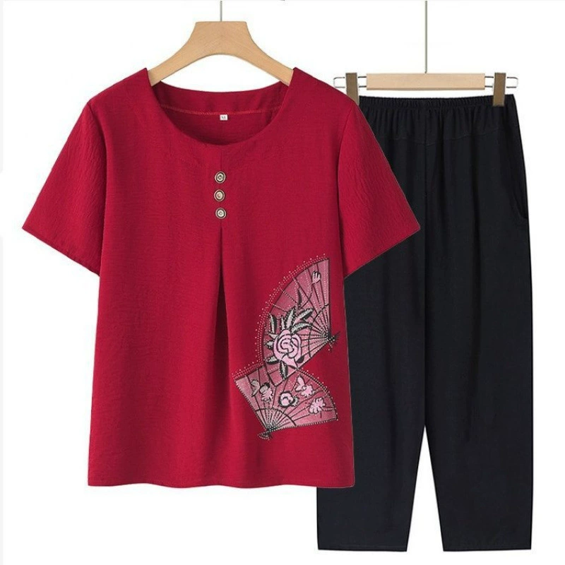 Летняя одежда для женщин среднего и пожилого возраста, костюм бабушки со средними рукавами, хлопчатобумажный и льняной костюм-двойка для мамы, летняя одежда в западном стиле для пожилых людей, свободная одежда.