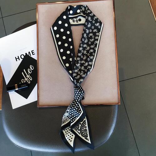 European and American Style Cashew Flower Pointed Tip Thin Long Elegant Small Scarf Long Striped Silk Scarf Women's Double-Sided Ribbon Spring Accessory