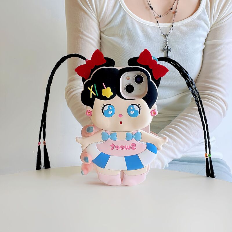 Cute Swimming Ring Double Braid Girl iPhone16 Apple 15 for 13/14Pro Max Phone Case Set 11