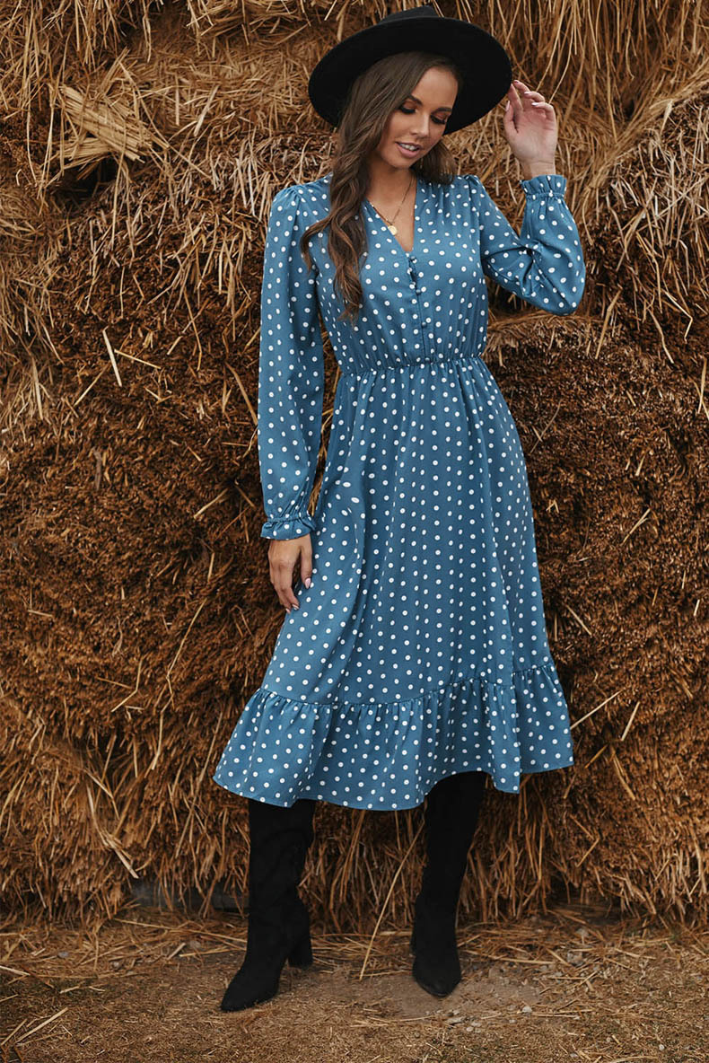 Wave Dot Print V-Neck Long-Sleeved Hedging Slit Dress NSQSY78175