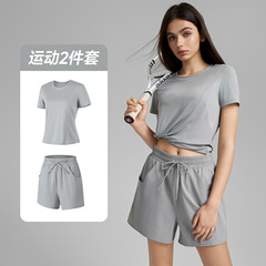 2025春夏新品スポーツスーツ偽の2つの防光速乾純色スポーツパンツ女性カジュアルヨガtシャツ