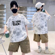 男童纯棉套装2026中大童夏季宽松休闲圆领短袖短裤洋气百搭两件套