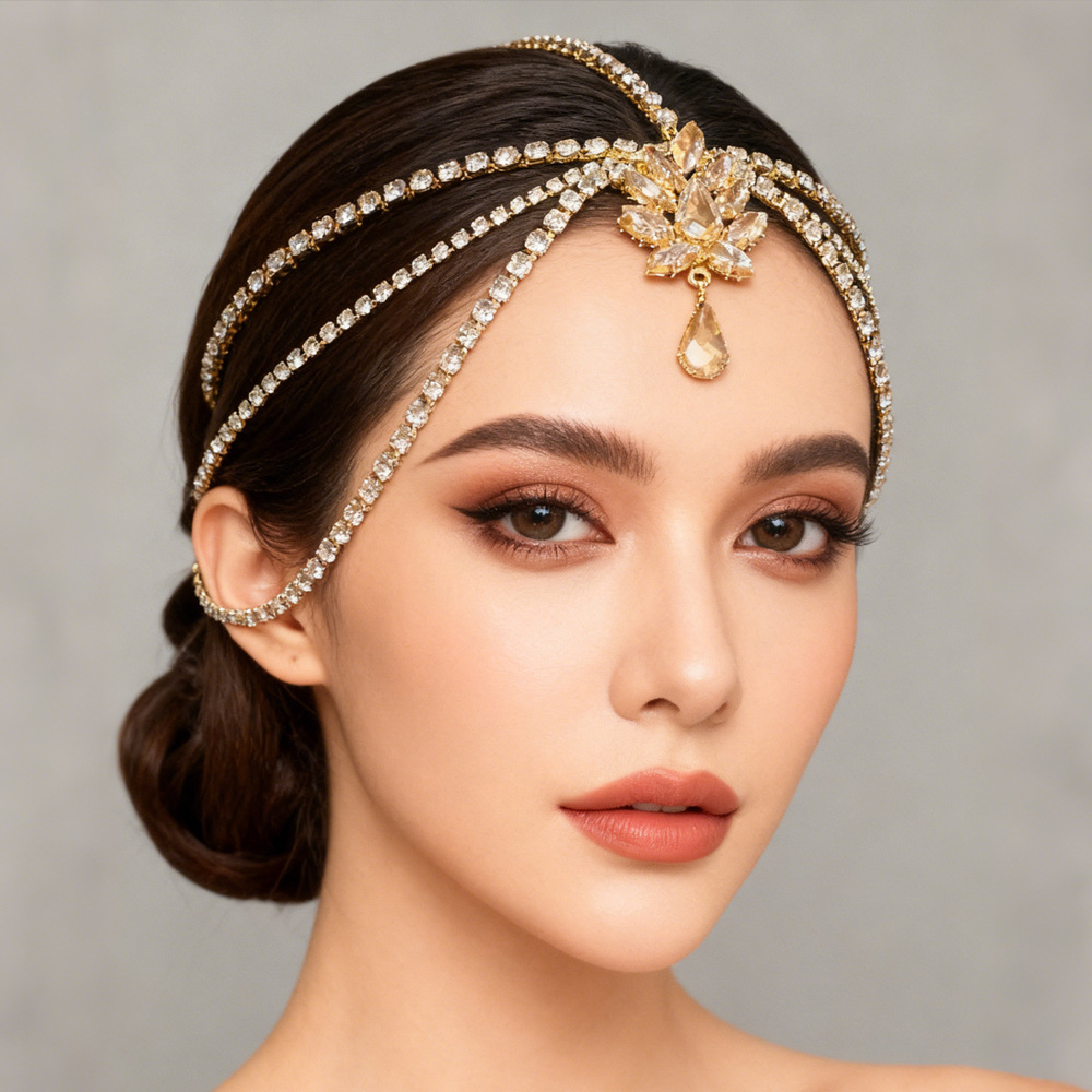Cross-Border New Product Multi-Layered Water Drop Hair Chain European and American Ethnic Style Stage Performance Rhinestone Headwear Hair Accessories Hair Chain