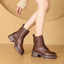 厚底马丁靴女2025年新款秋冬季靴子英伦风真皮高跟小个子加绒短靴