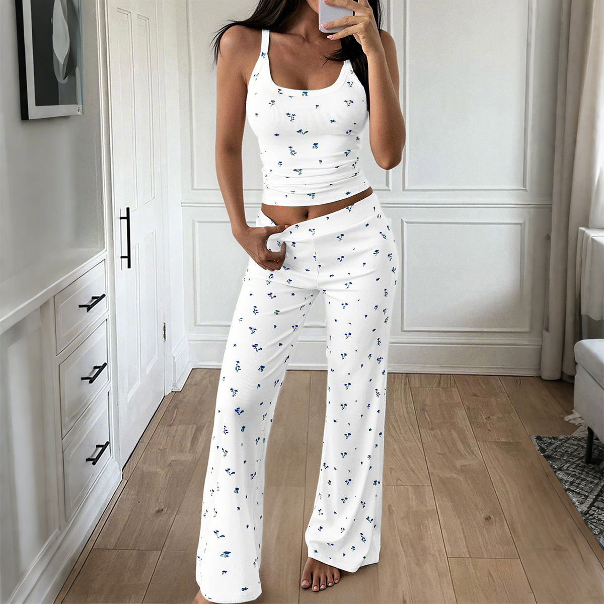 KAIKUO European And American Sports Style Camisole T-shirt Floral Long Pants Set Women's Clothing 2025 Autumn Winter_ecoleips.com