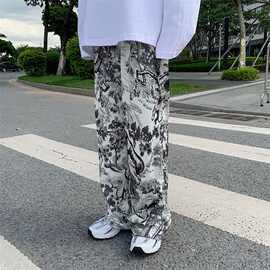 休闲裤子女2022新款韩版中国风水墨印花显瘦百搭宽松bf直筒阔腿裤