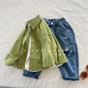Boys' Korean Style Simple Trendy Pure Cotton Shirt Jacket Children's 2023 Spring New Versatile Shirt Jacket for Girls