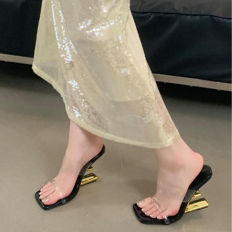 Golden Shaped Heel Transparent Slippers with 2024 Square Toe Elegant Fashion Open Toe Sexy High Heel Sandals for Women