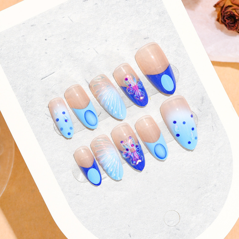 半手工杏仁甲欧美跨境3D立体雕花晕染高级感显白pressonnails批发|undefined