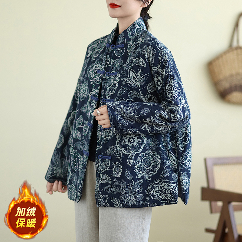 大码宽松棉麻印花加厚保暖棉衣女冬季民族风复古对襟盘扣唐装棉服
