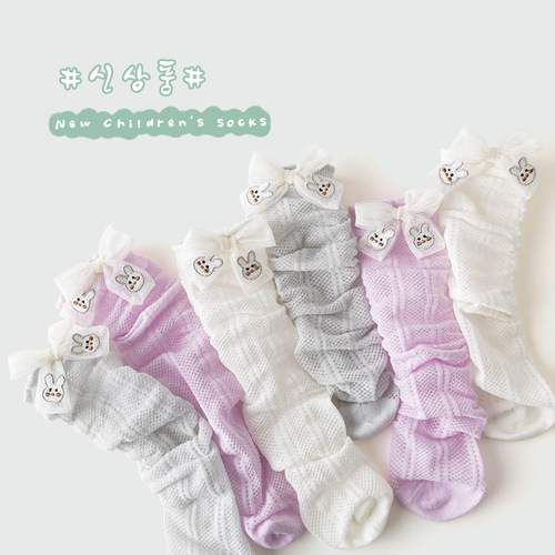 Spring and summer children's socks hollow animal mesh anti-mosquito socks bow breathable girls' socks calf socks summer thin