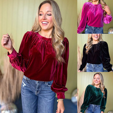 跨境热卖丝绒女装2025新款纯色套头圆领长袖上衣欧美休闲衬衫女