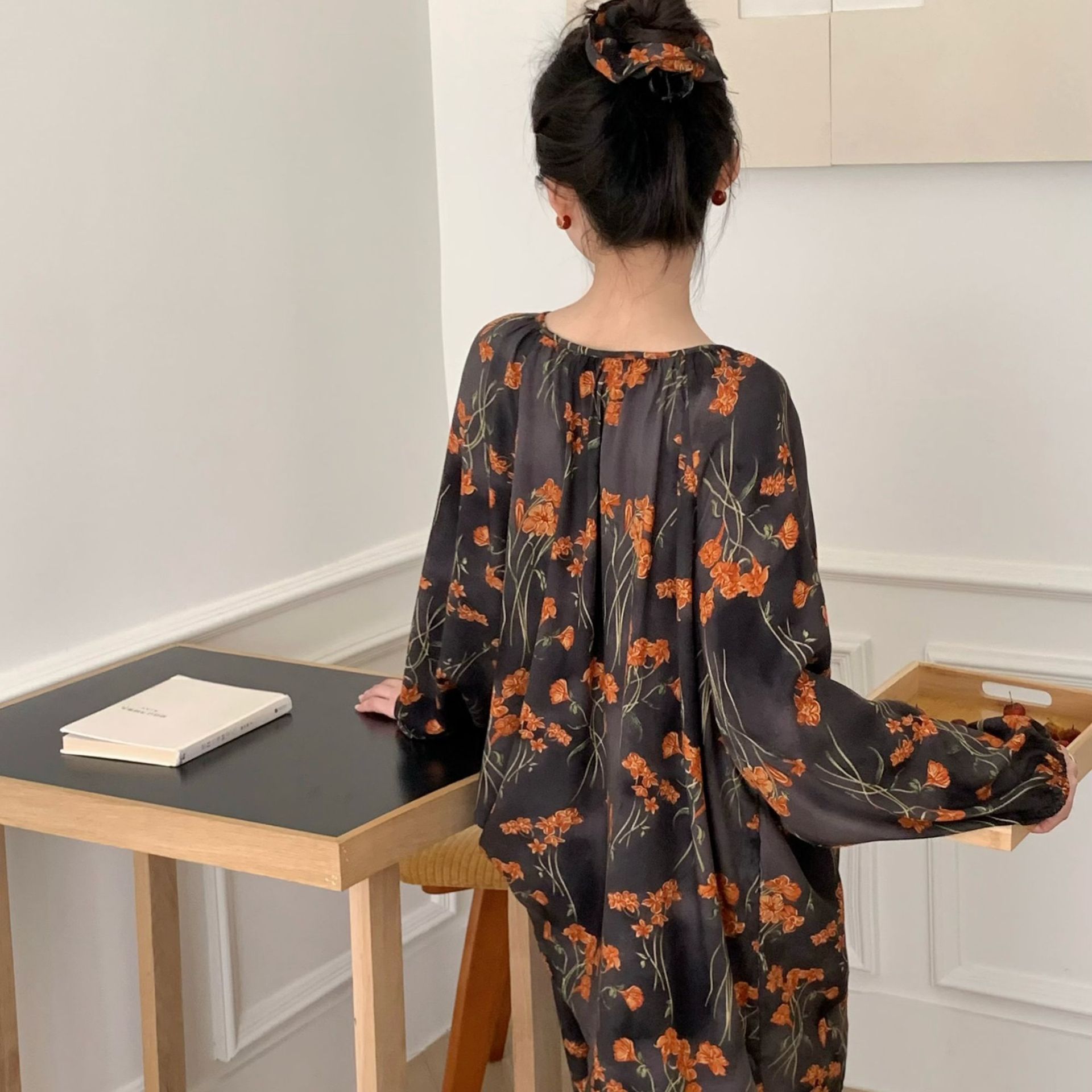 [Traje de casa de bolsillo] Pijamas de seda de algodón de primavera y verano, mangas de linterna de estilo nacional femenino, pantalones de manga larga de algodón, servicio a domicilio