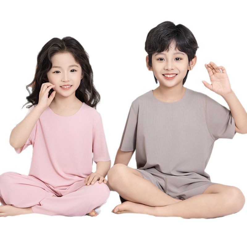 夏の新しい男の子半袖ルーズシームレスアイスシルクホーム服子供のツーピース女の子パジャマセット 01|undefined