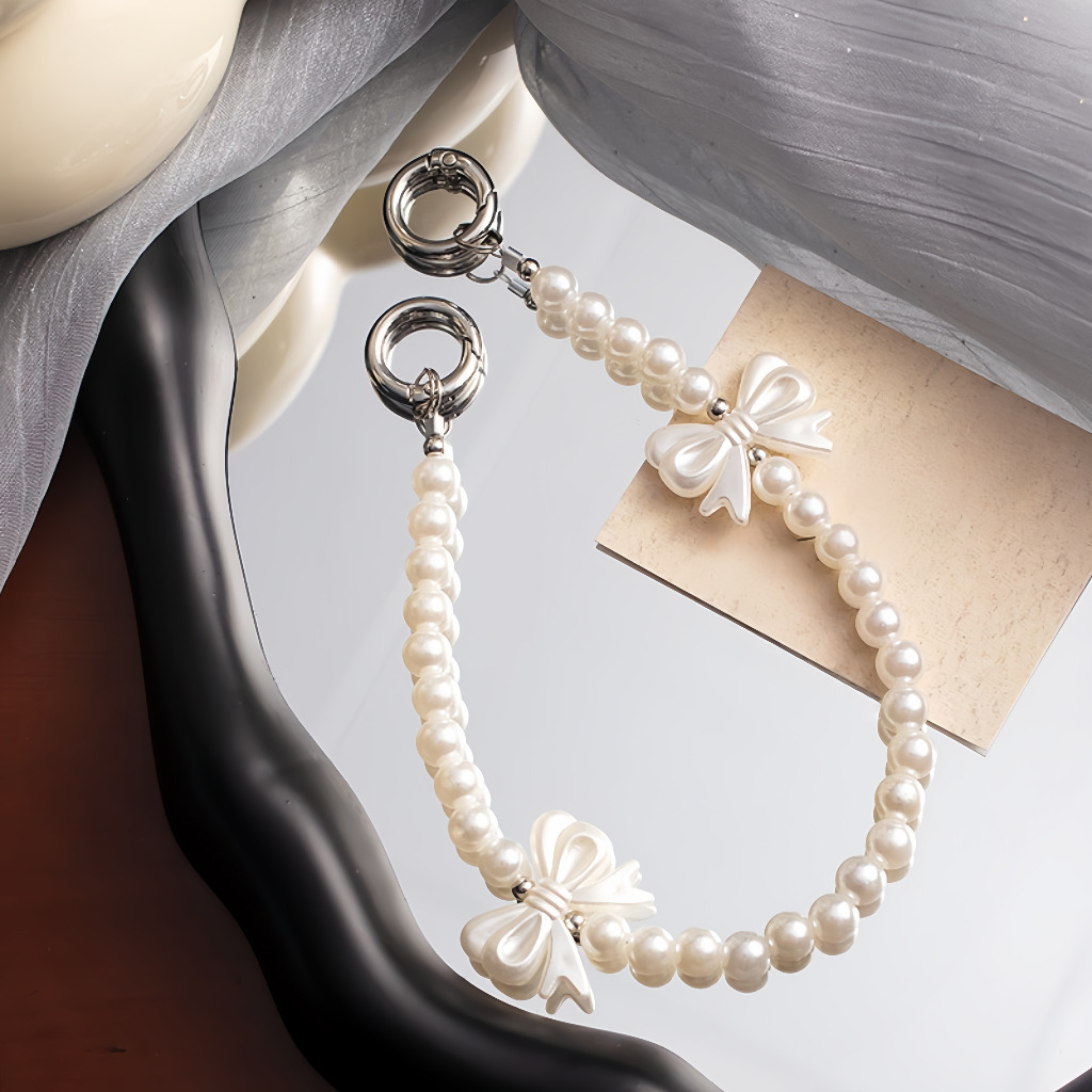 Pearl hand-held chain phone case strap with bowknot, anti-drop cord, D-ring accessory, bag and water bottle chain pendant