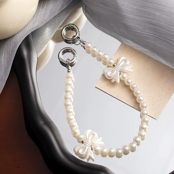 Pearl hand-held chain phone case strap with bowknot, anti-drop cord, D-ring accessory, bag and water bottle chain pendant
