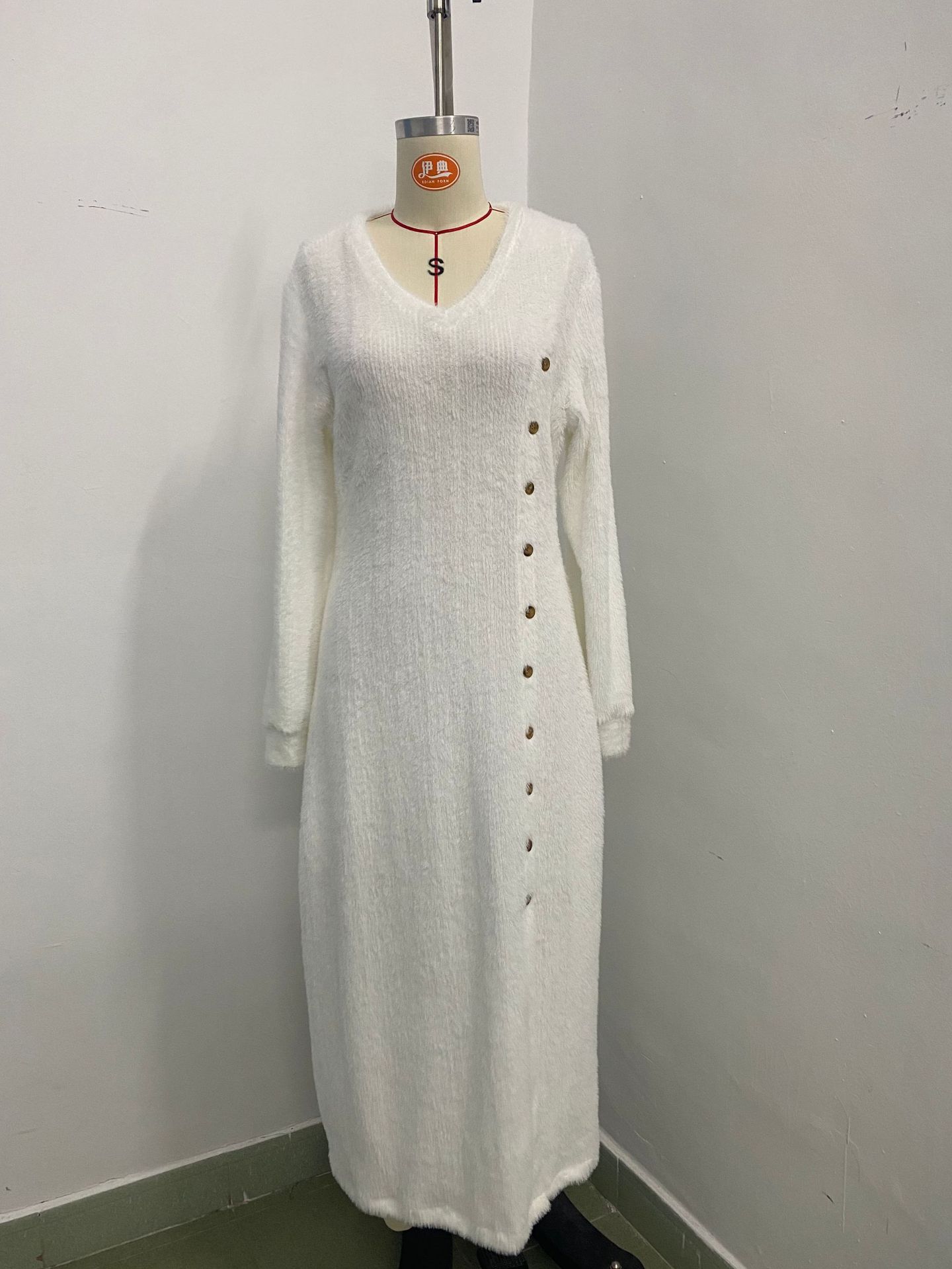 V-neck loose button slit dress in white – full length front view midi dress