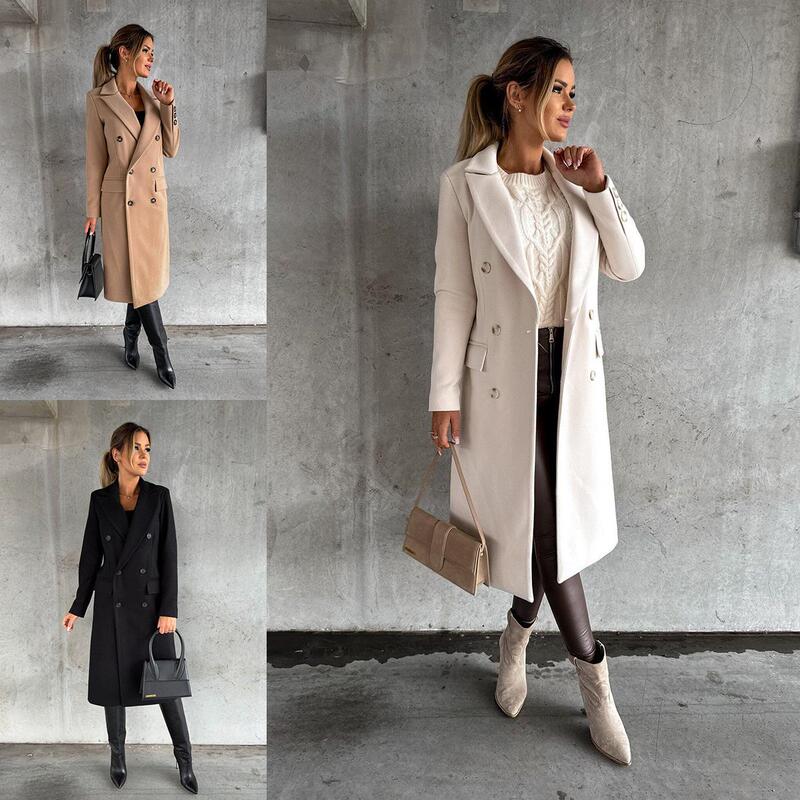 2025 Autumn and Winter Cross-Border Women's New Coat Independent Station Wish Amazon Long-Sleeved Double-Breasted Woolen Coat