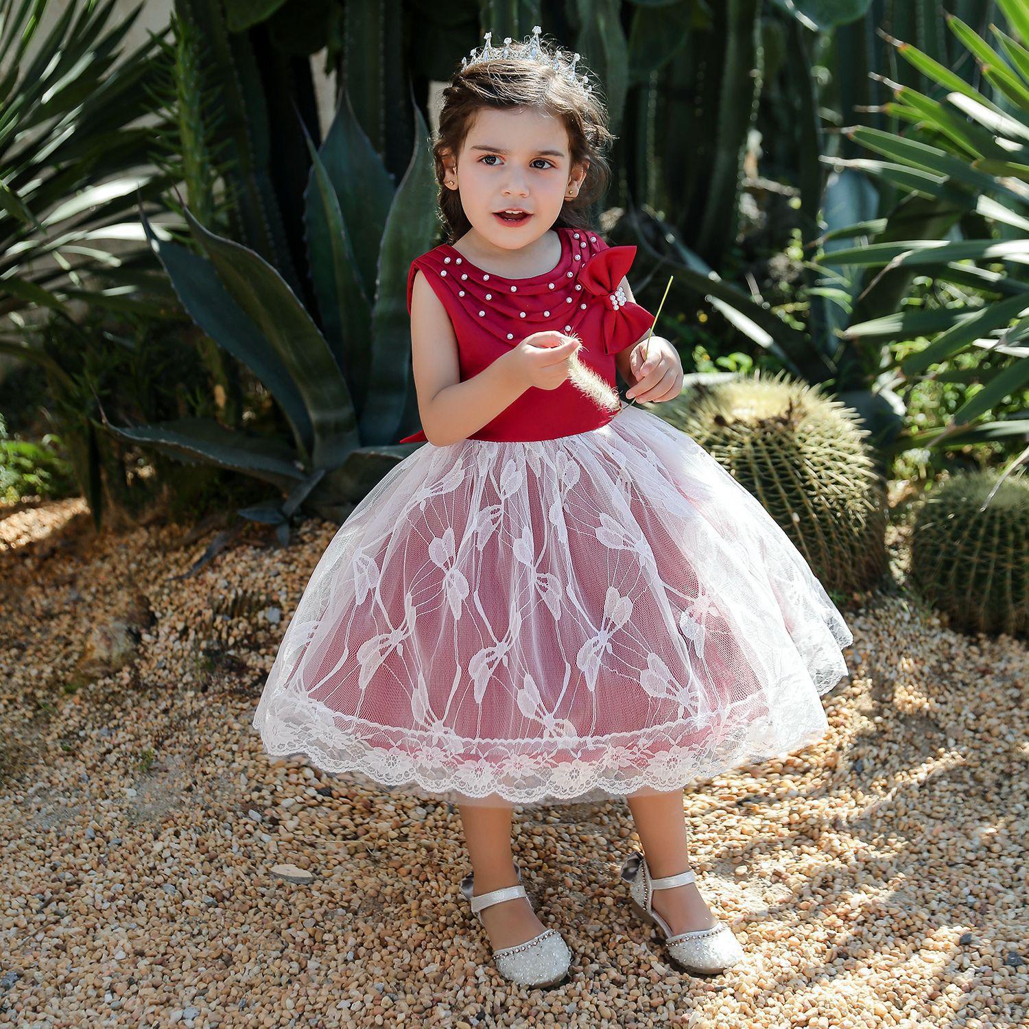 Nuevas niñas vestido europeo y americano encaje arco niñas falda niños vestido princesa vestido de una sola pieza entrega