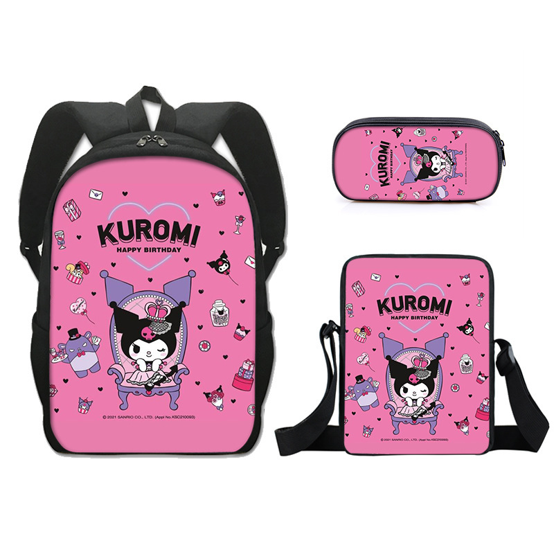 Promoción del nuevo Sanrio Kulomi kuromi mochila para estudiantes bolso de tres piezas bolso pequeño bolso de hombro libro