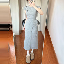 法式灰色短袖绑带收腰连衣裙子女夏季2024新款设计感小众气质长裙
