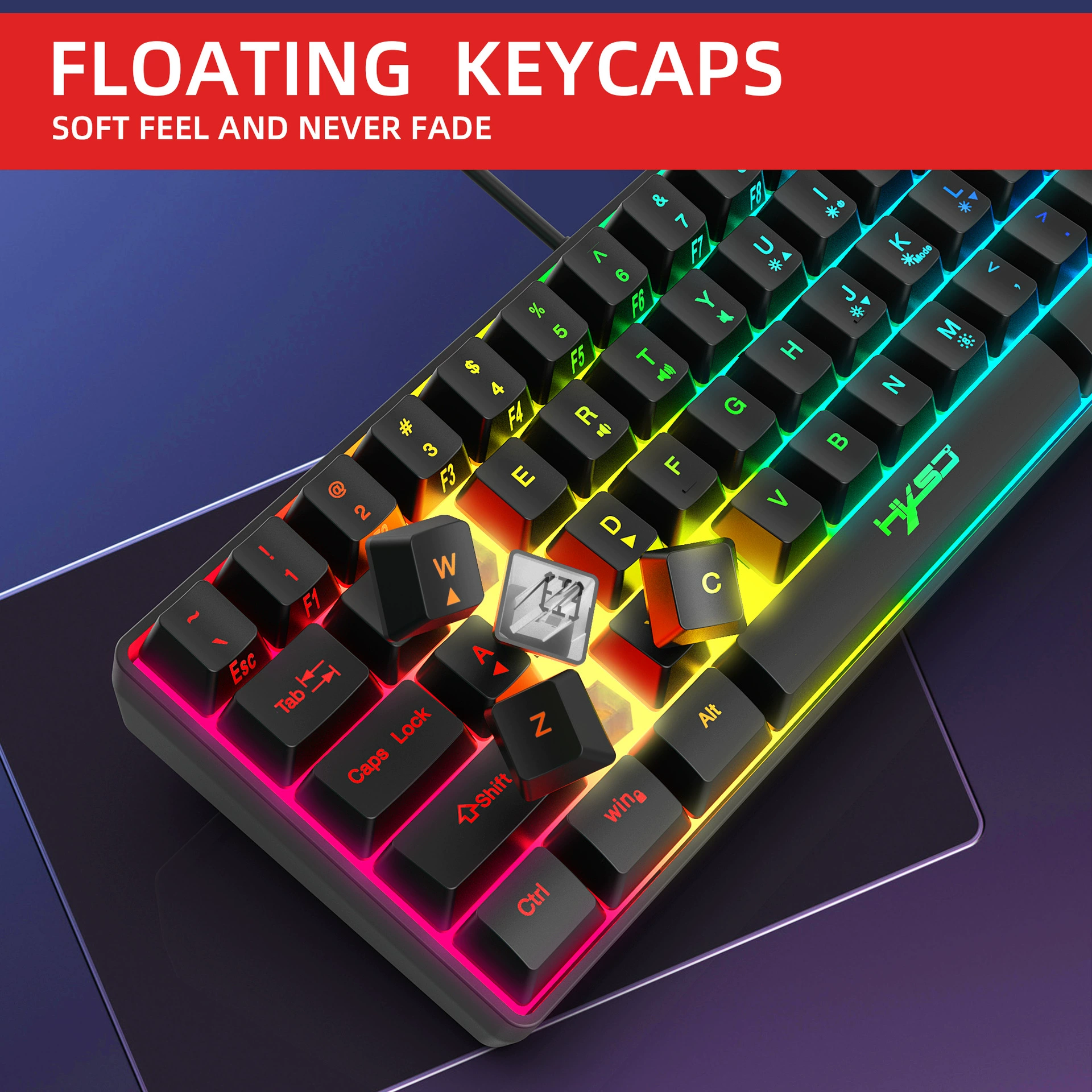 Новый игровой клавиатура HXSJ с 61 клавишей, RGB подсветка, мини-клавиатура, набор горячих клавиш, фабричный образец