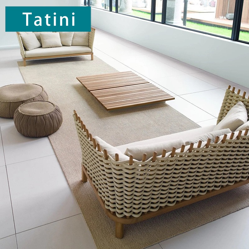 Sofá de teca al aire libre patio jardín ocio anticorrosión muebles de madera hotel villa sofá de tejido de cuerda impermeable