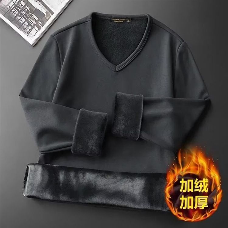 Fleece-lined and thickened base layer V-neck long-sleeved T-shirt for men, non-pilling fleece, warm and heat-generating autumn and winter underwear, foreign trade cross-border wholesale