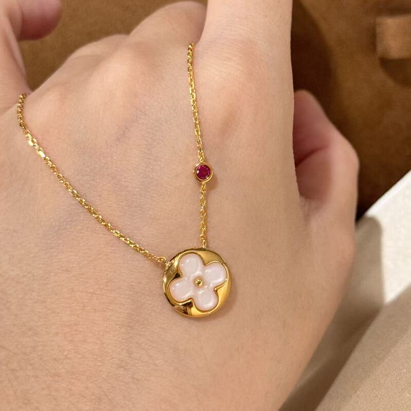 S925纯银 天然粉贝母四叶草粉钻项链甜美轻奢百搭老花无标|undefined