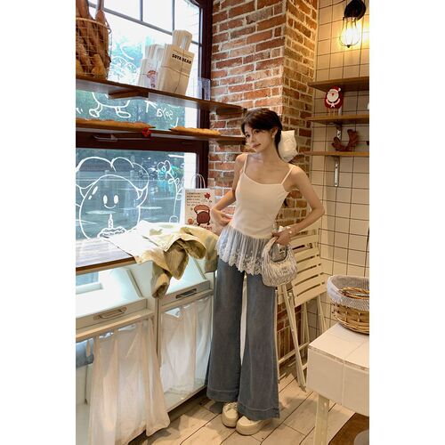 Flower Field Showcase HTmeme White Tea Dew Chu~ Ballet-style Patchwork Lace Skirt Hem with Camisole Top for Women—Spring/Summer