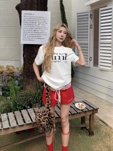 American Retro Round Neck Short Sleeve Women's Summer Letter Print Square Shoulder T-Shirt Casual Vintage Oversized Top