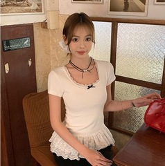 蝶結び半袖tシャツ女性春夏2025年新デザイン感小衆修身が痩せていて、短い上着を着ています。