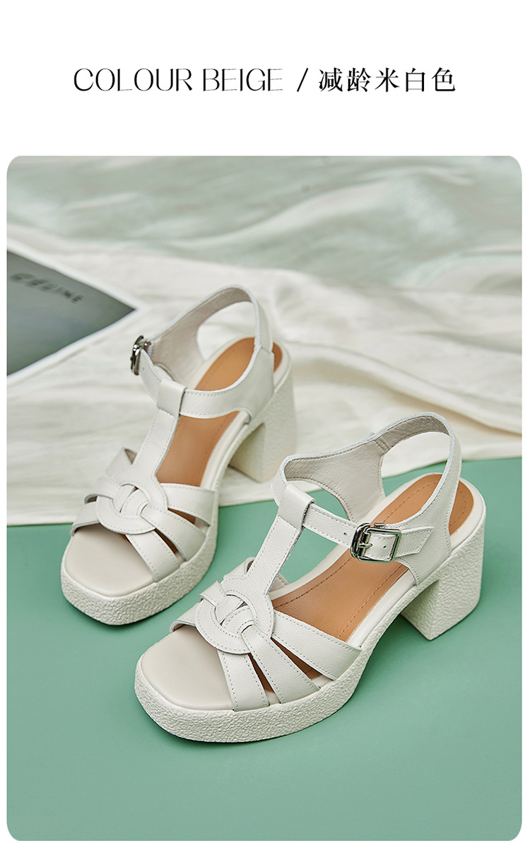 Sandal cao gót nữ quai ngang da thật phong cách La Mã đế dày gót thô — Màu đen chi tiết 27